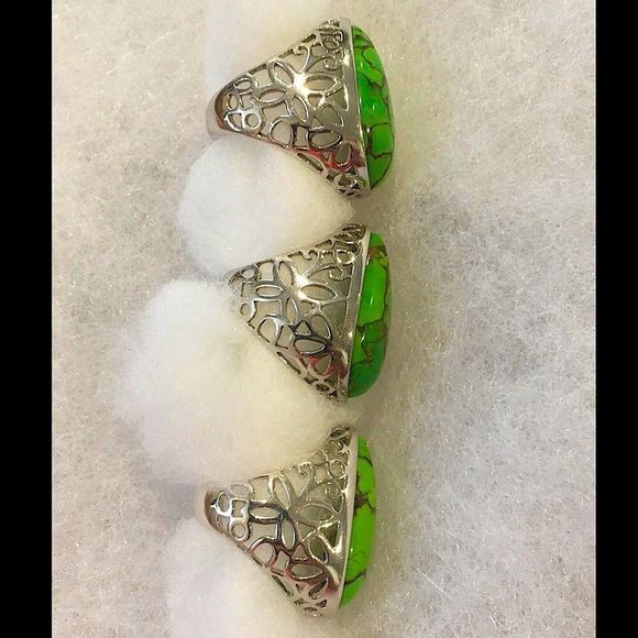 Green Turquoise Copper Infused Sterling Silver Open Work Ring Multiple Sizes - Picture 6 of 16